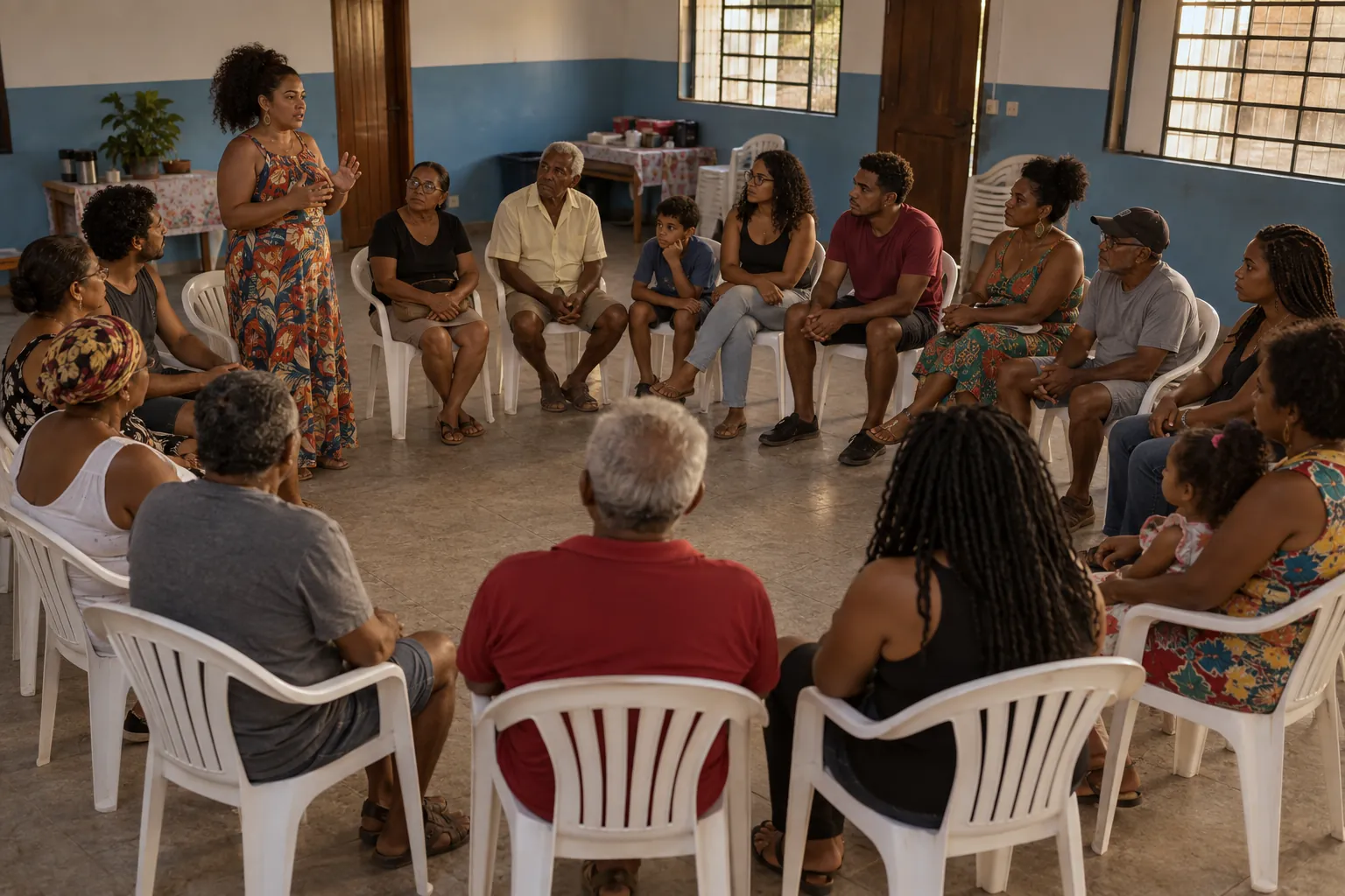 Reunião comunitária num salão de bairro, com pessoas de todas as idades sentadas em círculo.