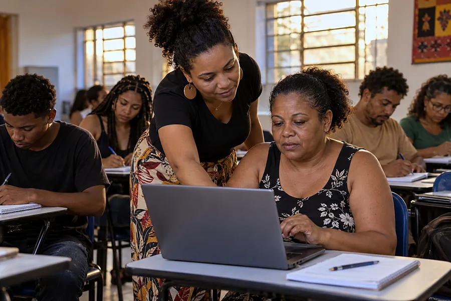 Instrutora ajuda uma aluna durante um curso de capacitação para adultos e jovens.