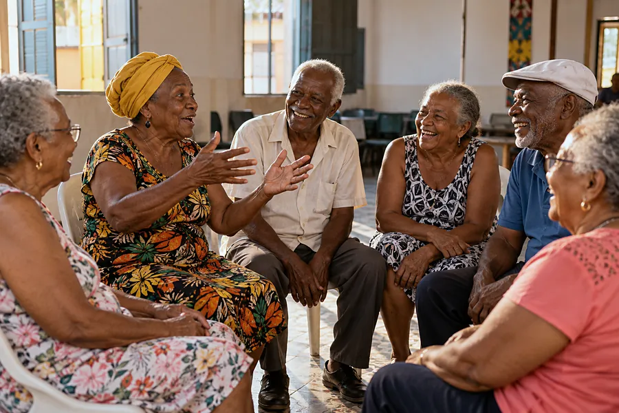 Idosos sentados em roda num salão comunitário, rindo durante uma atividade de convivência.